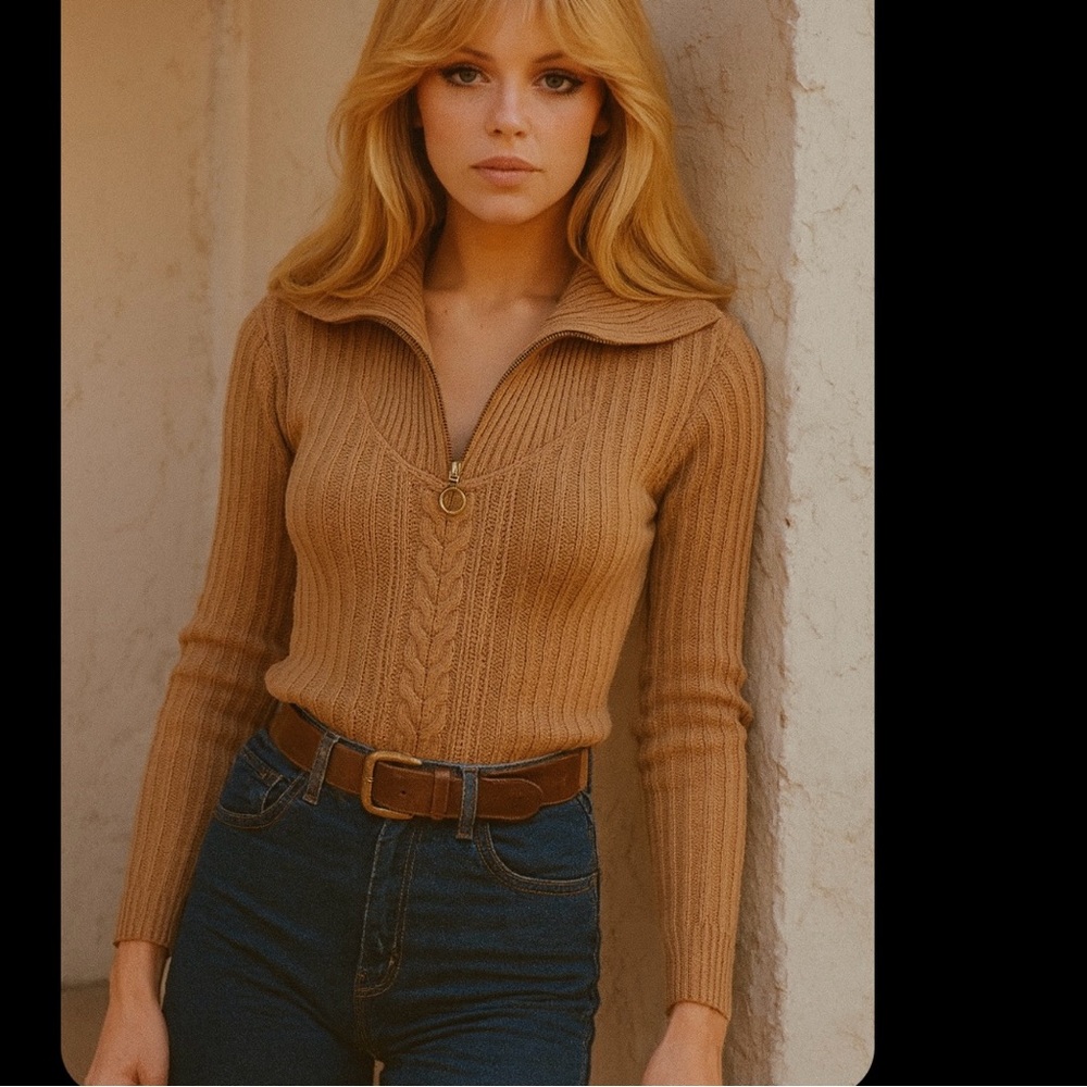 Guess Camel 3/4 Zip Neck Sweater 70s style Retro